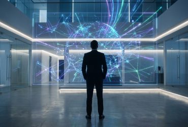A businessman standing in a modern office looking at a glowing holographic network of data and a globe.