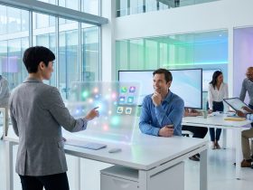 A professional office team using a futuristic transparent holographic screen to collaborate on digital tasks.