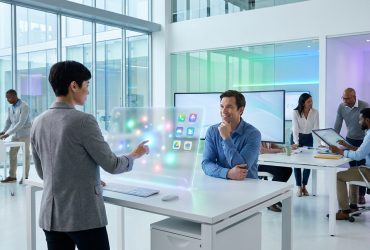 A professional office team using a futuristic transparent holographic screen to collaborate on digital tasks.