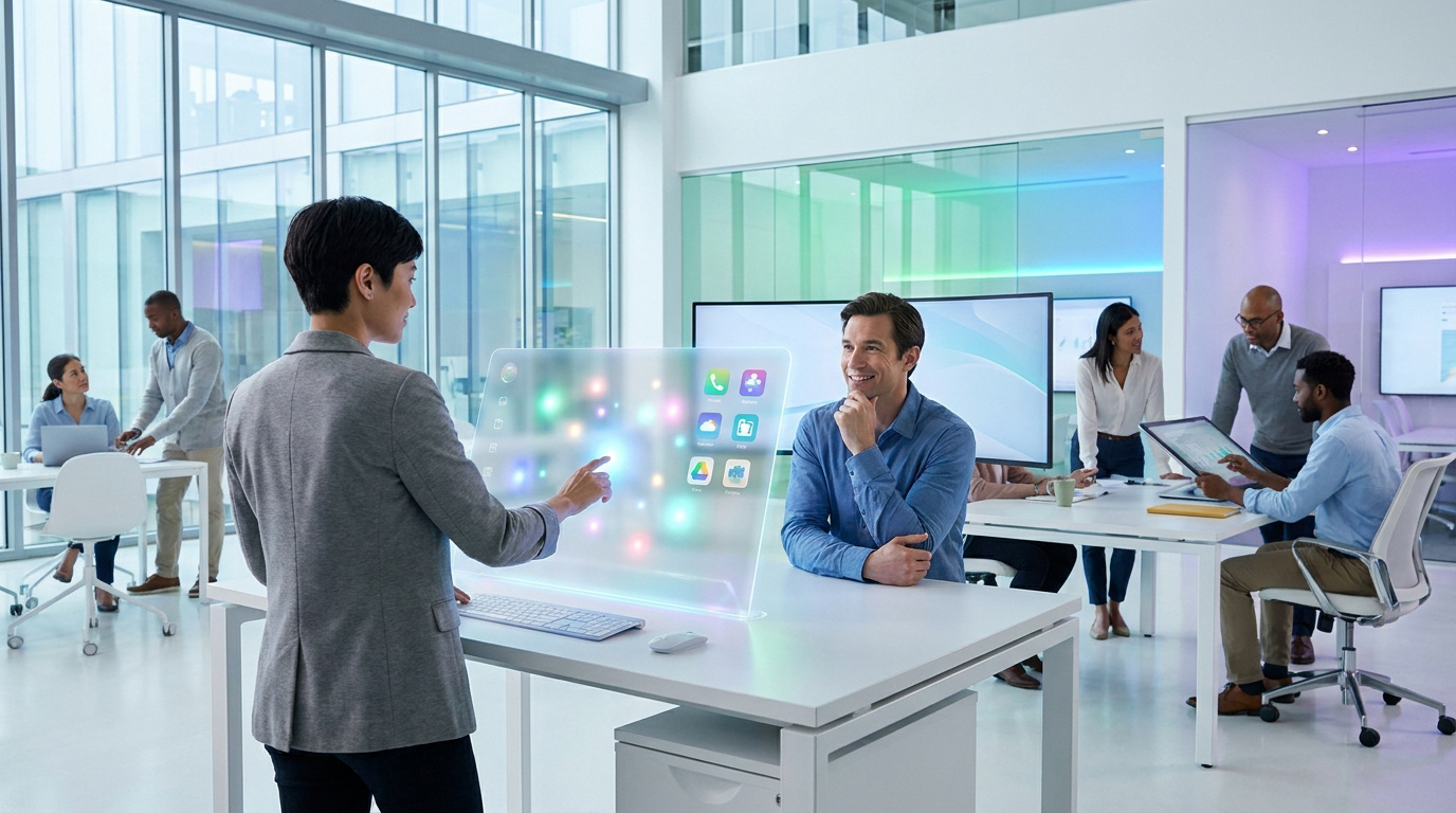 A professional office team using a futuristic transparent holographic screen to collaborate on digital tasks.