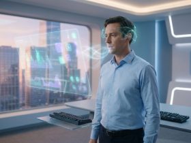 A professional man in a modern office interacting with a holographic interface via voice and brain-computer technology.