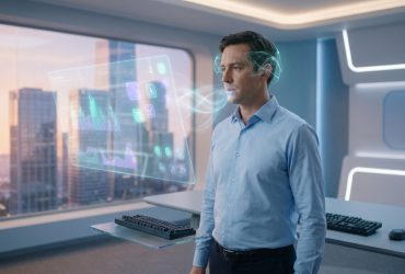 A professional man in a modern office interacting with a holographic interface via voice and brain-computer technology.