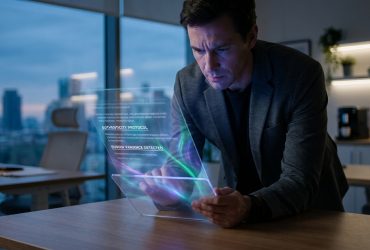 A man reviewing a transparent digital tablet with an interface displaying "Human Variance Detected" in a modern office.