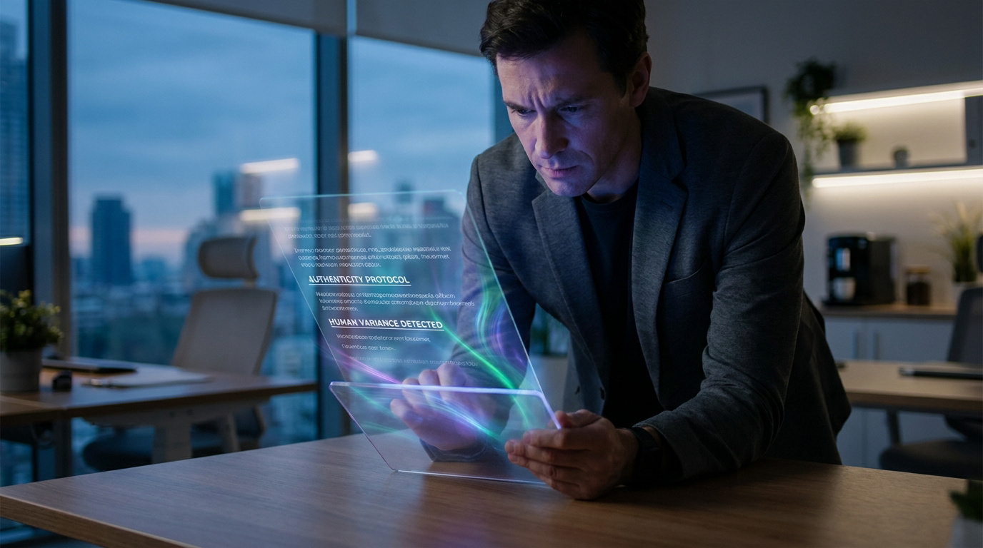 A man reviewing a transparent digital tablet with an interface displaying "Human Variance Detected" in a modern office.