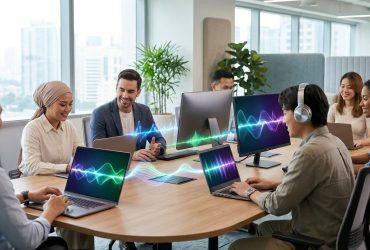 Diverse team in a modern office collaborating around a table with AI-generated audio wave visuals on their laptop screens.