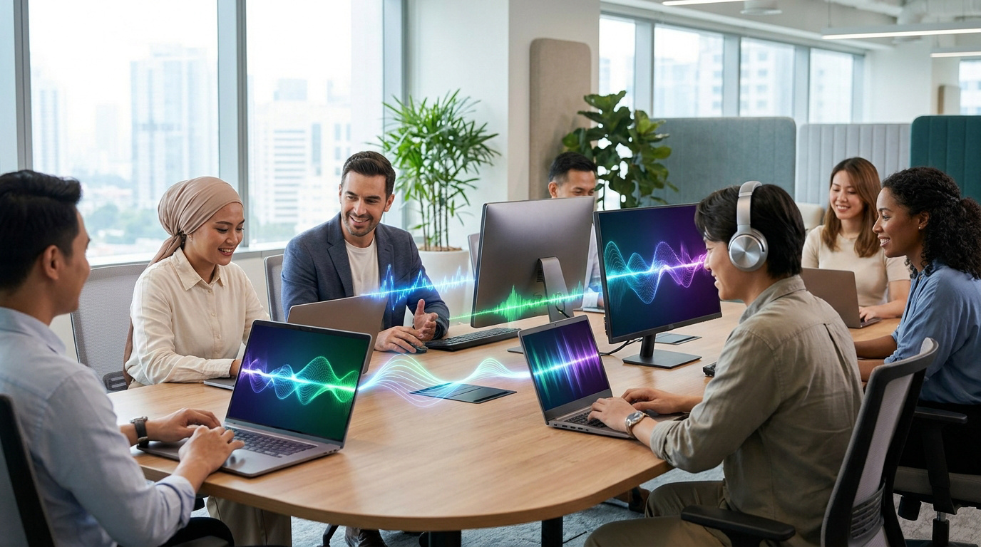 Diverse team in a modern office collaborating around a table with AI-generated audio wave visuals on their laptop screens.