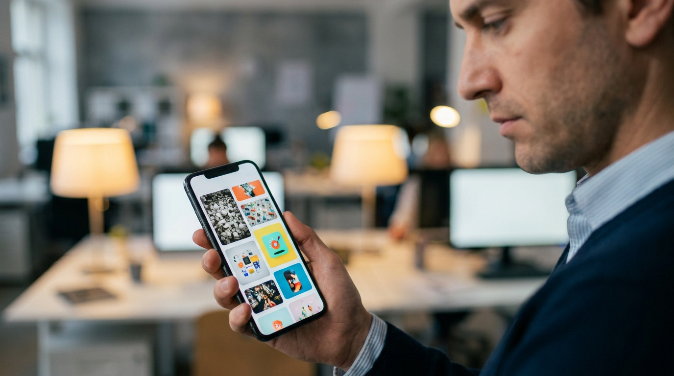 A man in an office looking at a smartphone screen displaying a grid of various AI-generated image thumbnails.