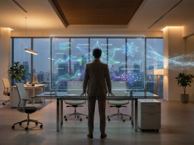 A business professional standing in a modern office looking at a holographic data dashboard with sales and AI analytics.