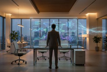A business professional standing in a modern office looking at a holographic data dashboard with sales and AI analytics.