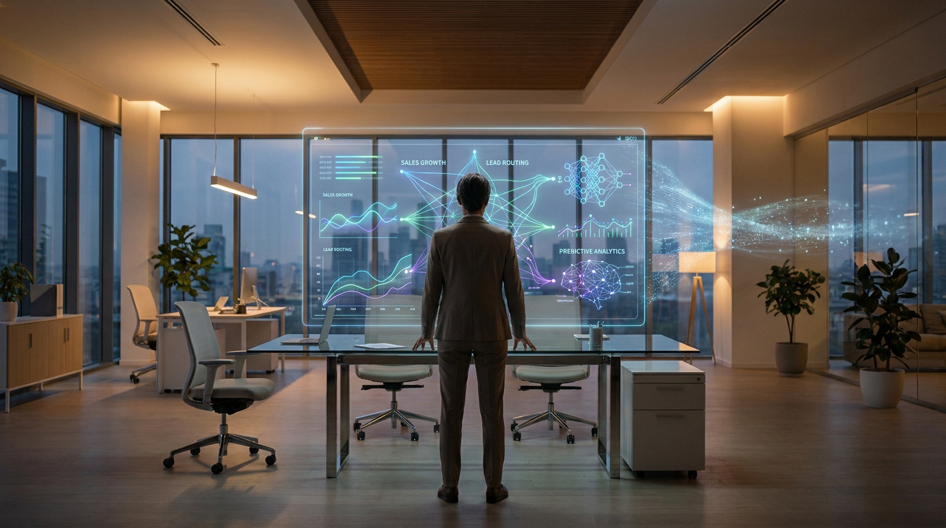 A business professional standing in a modern office looking at a holographic data dashboard with sales and AI analytics.