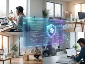 Collage of remote professionals using AI tools with a central digital security shield icon labeled SOC2.