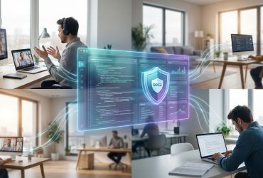 Collage of remote professionals using AI tools with a central digital security shield icon labeled SOC2.