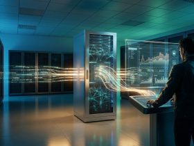 A technician monitoring a server room with holographic data interfaces and glowing network streams.