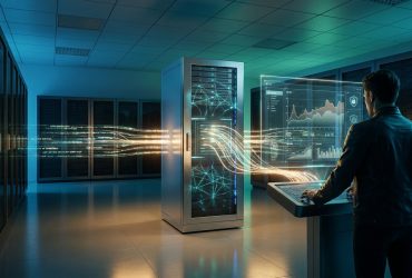 A technician monitoring a server room with holographic data interfaces and glowing network streams.