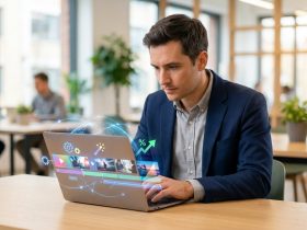 A man in a suit working on a laptop with AI-generated video editing graphics hovering above the screen in an office.