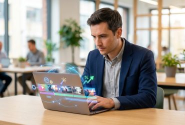 A man in a suit working on a laptop with AI-generated video editing graphics hovering above the screen in an office.