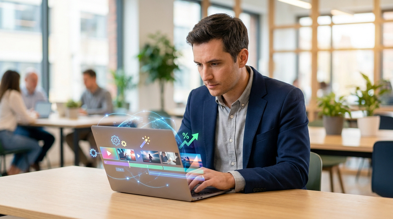 A man in a suit working on a laptop with AI-generated video editing graphics hovering above the screen in an office.