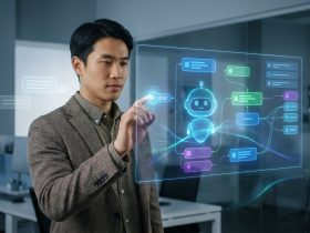 A man interacting with a futuristic digital interface showing an AI chatbot workflow diagram.