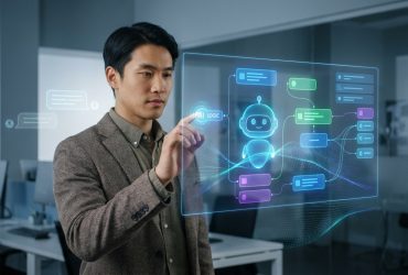 A man interacting with a futuristic digital interface showing an AI chatbot workflow diagram.