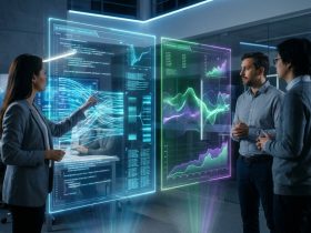 Three professionals analyzing futuristic holographic data and code visualizations in a modern office.