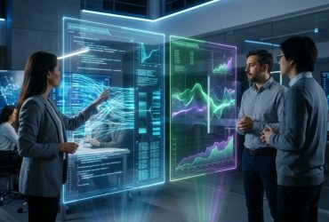 Three professionals analyzing futuristic holographic data and code visualizations in a modern office.