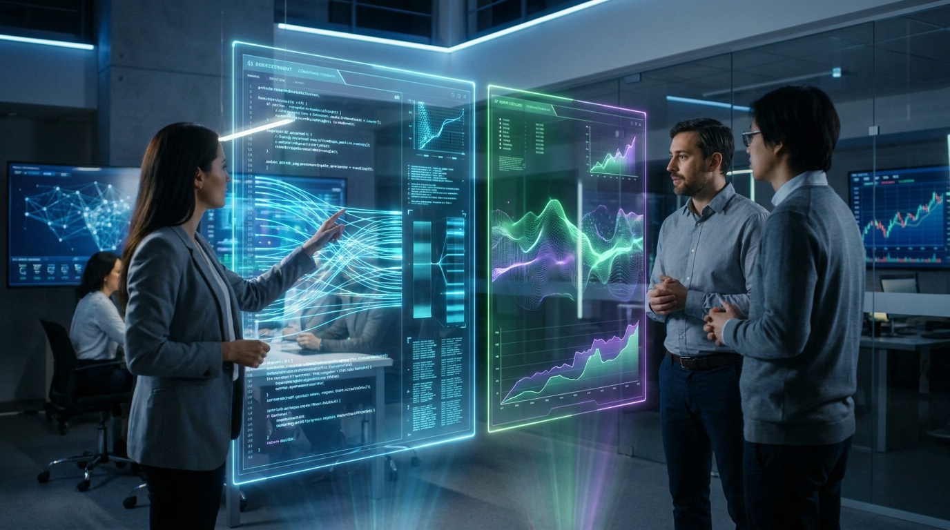 Three professionals analyzing futuristic holographic data and code visualizations in a modern office.