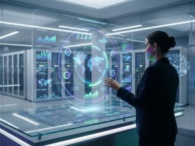 A woman interacting with a holographic business intelligence interface in a futuristic server room.