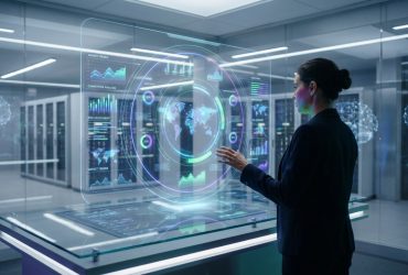 A woman interacting with a holographic business intelligence interface in a futuristic server room.
