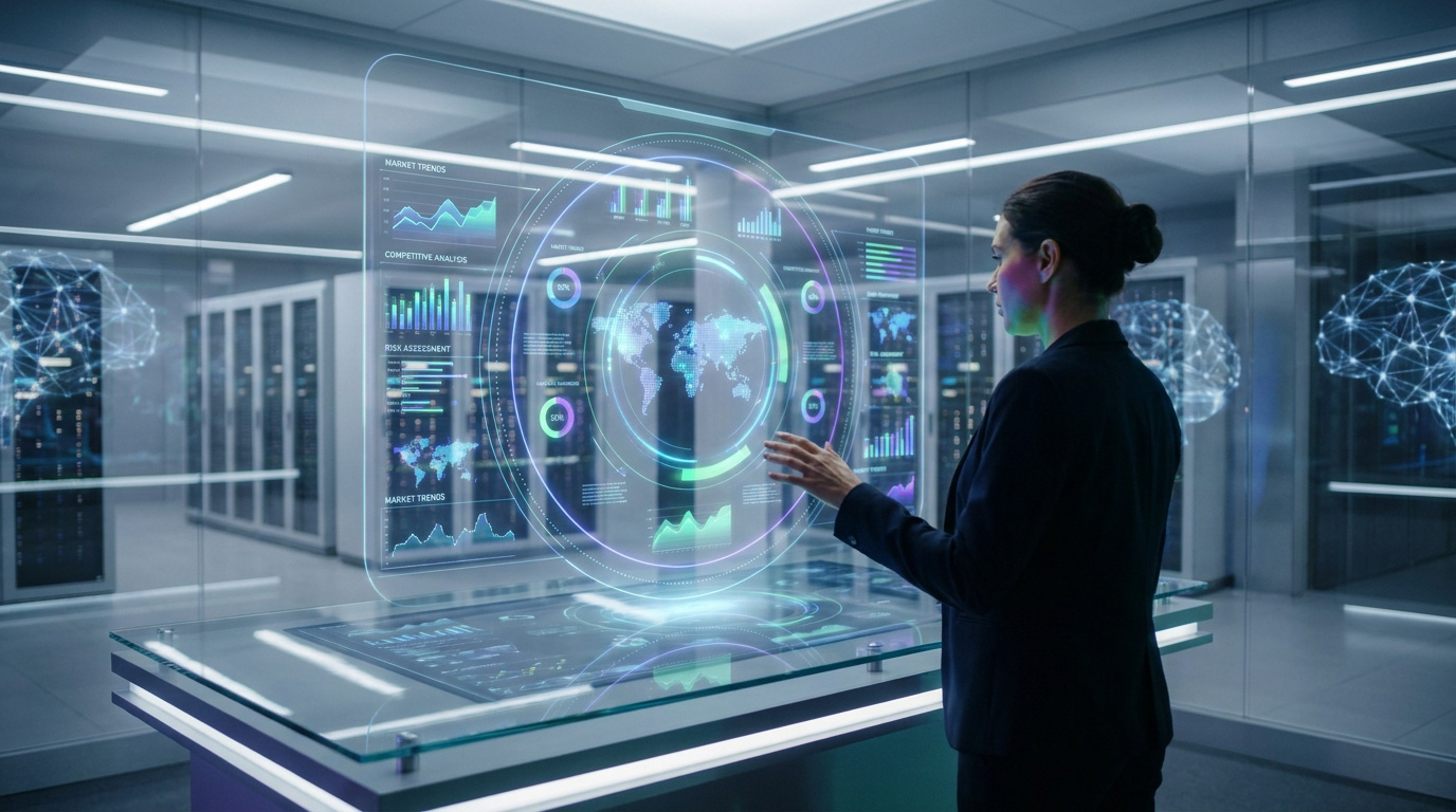 A woman interacting with a holographic business intelligence interface in a futuristic server room.