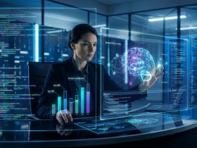 A professional woman in a server room interacting with holographic code, brain models, and data visualizations.