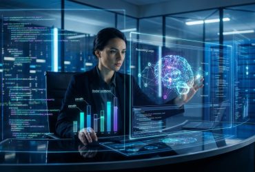 A professional woman in a server room interacting with holographic code, brain models, and data visualizations.