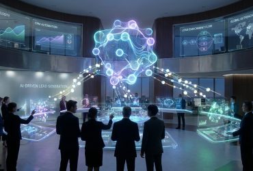Professionals in a futuristic office environment interacting with holographic data visualizations for sales growth.