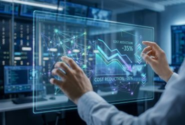 A person using a transparent digital interface to analyze a chart showing a 35% cost reduction for AI agents.