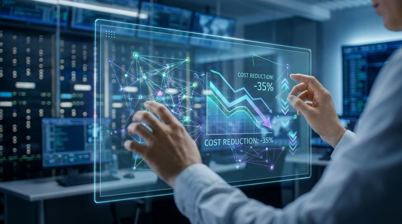 A person using a transparent digital interface to analyze a chart showing a 35% cost reduction for AI agents.