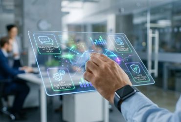 A person using a transparent glass tablet to interact with digital AI data visualizations in a modern office meeting.