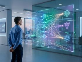 A man in an office looking at a holographic interface displaying AI neural networks and data sales funnels.