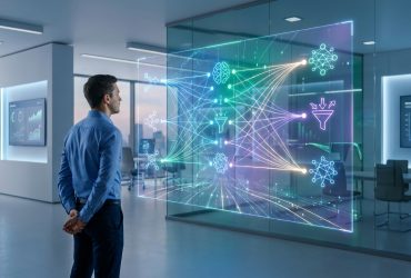 A man in an office looking at a holographic interface displaying AI neural networks and data sales funnels.
