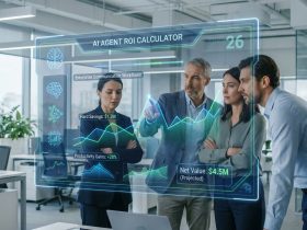 Business team analyzing a digital holographic AI agent ROI calculator dashboard in a modern office.