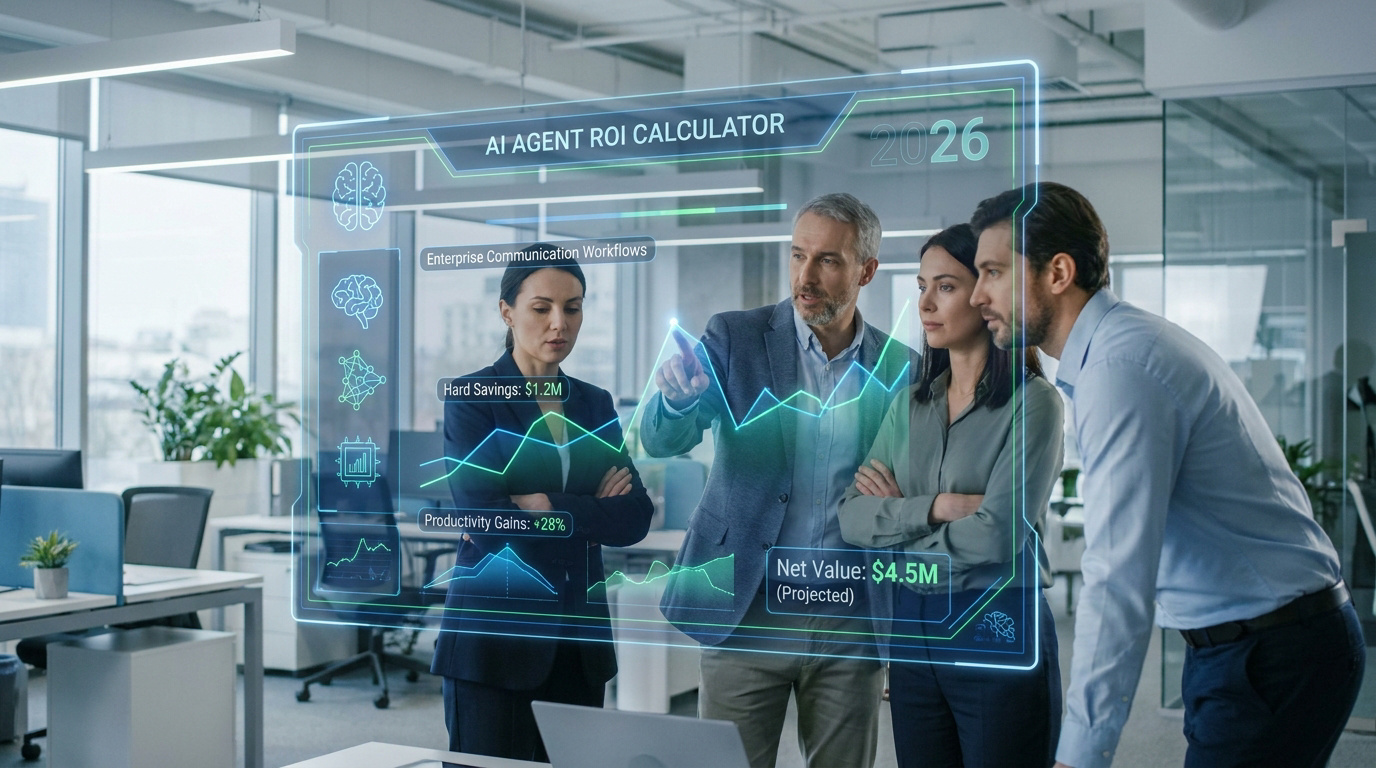 Business team analyzing a digital holographic AI agent ROI calculator dashboard in a modern office.