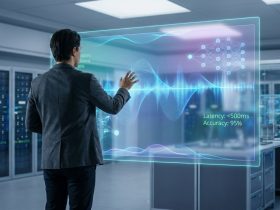 A man in a server room interacting with a glowing digital display showing audio waves and AI neural network metrics.