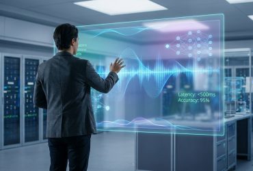 A man in a server room interacting with a glowing digital display showing audio waves and AI neural network metrics.
