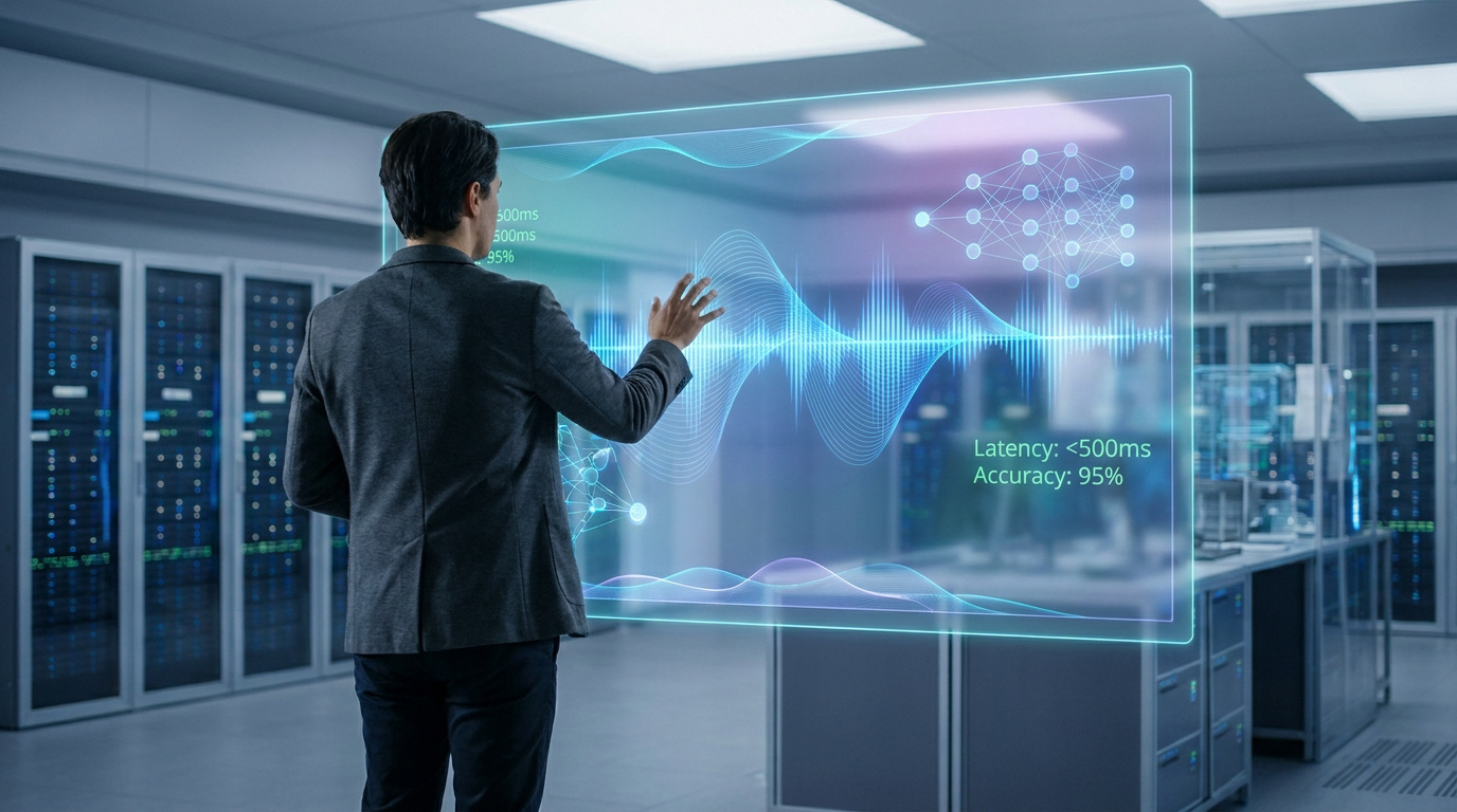 A man in a server room interacting with a glowing digital display showing audio waves and AI neural network metrics.