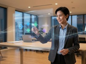 A professional woman in an office interacting with a holographic AI flow-building interface.