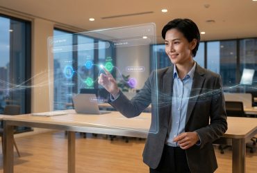 A professional woman in an office interacting with a holographic AI flow-building interface.