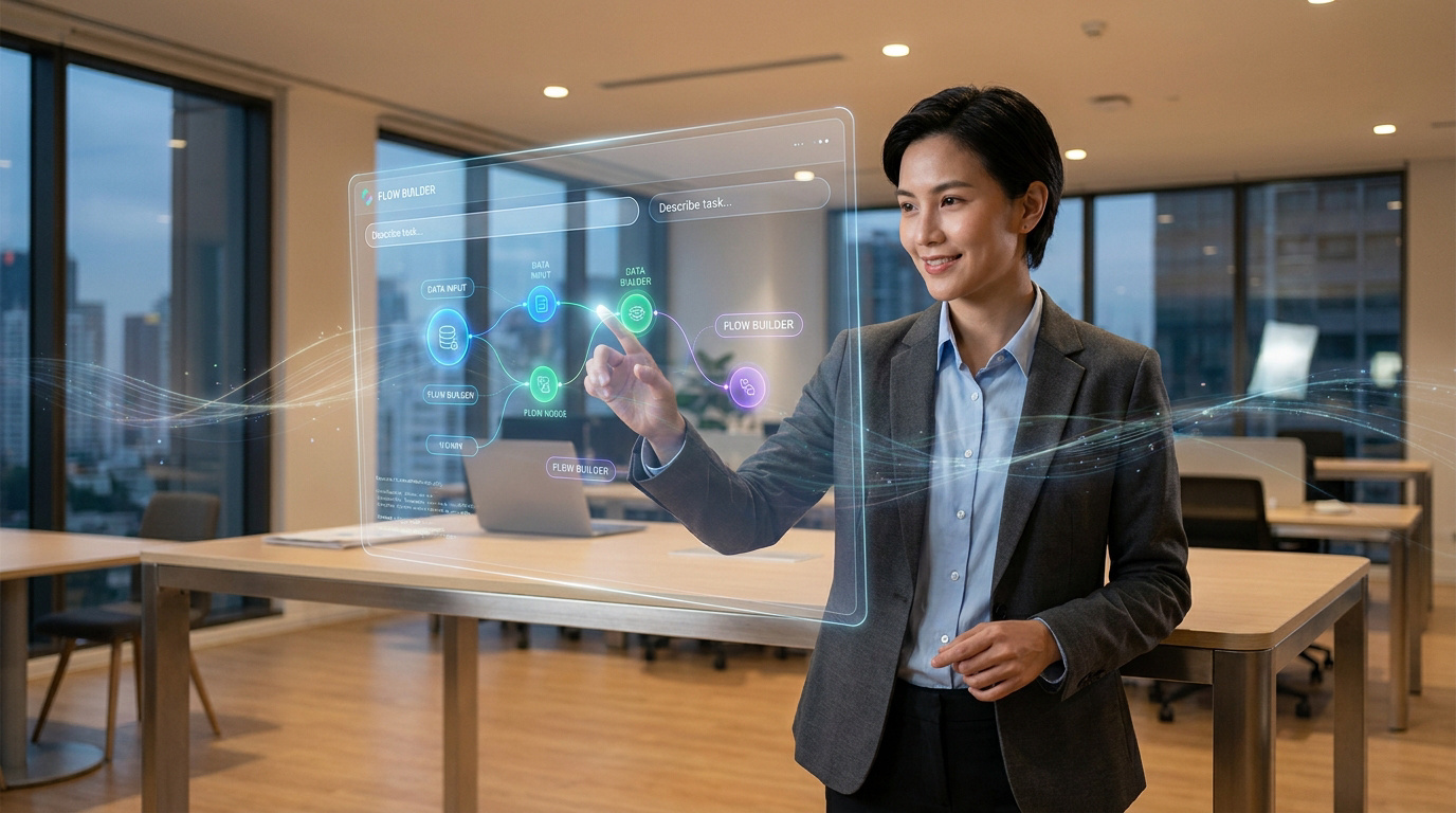 A professional woman in an office interacting with a holographic AI flow-building interface.
