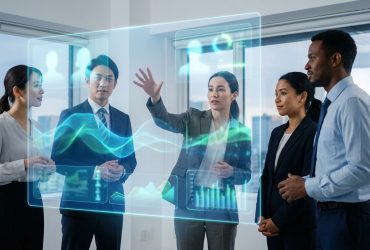 A professional team collaborating while interacting with a holographic interface showing recruitment data.