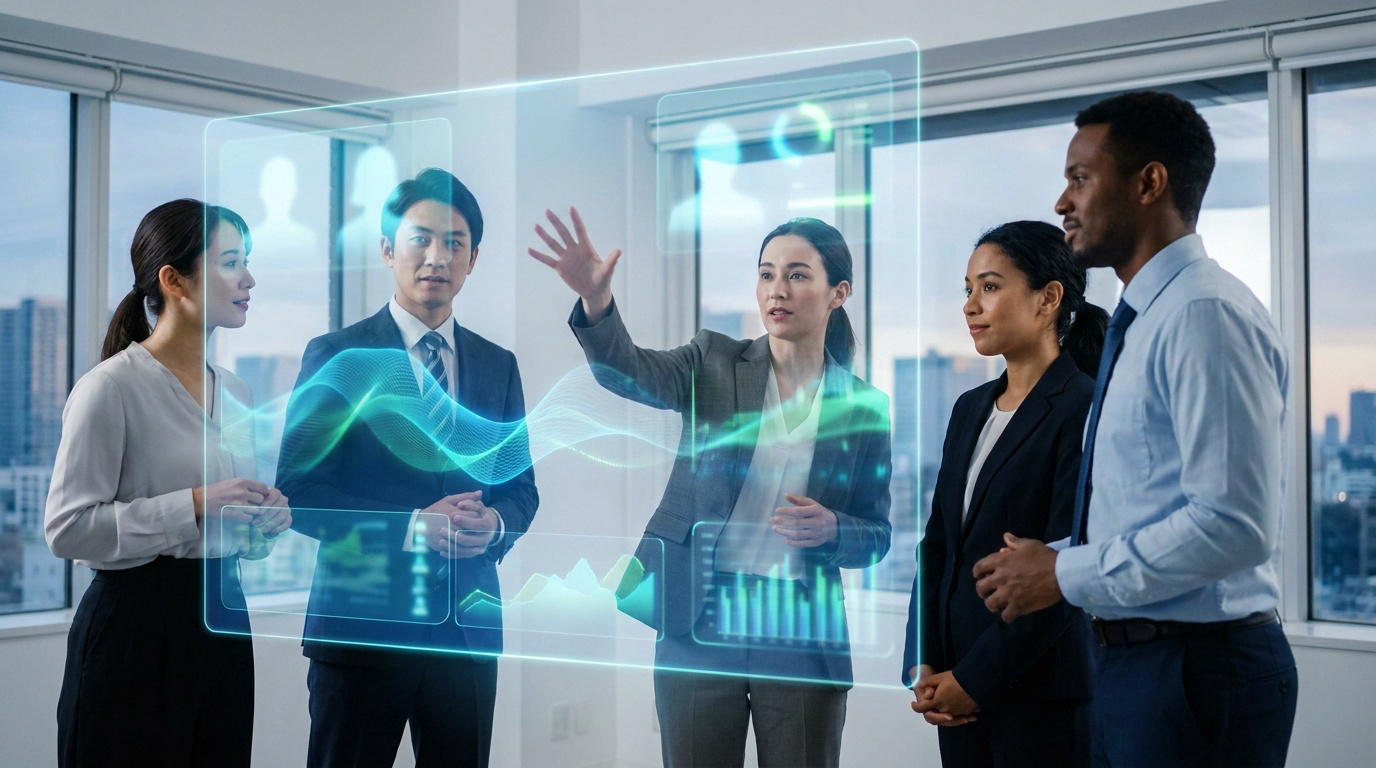 A professional team collaborating while interacting with a holographic interface showing recruitment data.