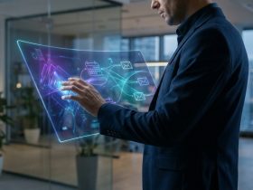 A businessman in a suit using a futuristic holographic interface to manage emails and calendars in an office.