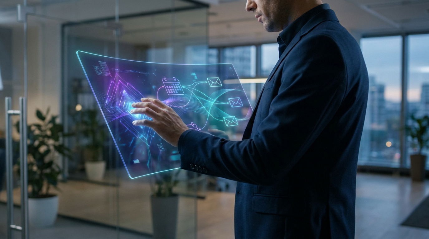 A businessman in a suit using a futuristic holographic interface to manage emails and calendars in an office.