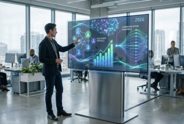 A man interacting with a holographic display showing CRM data like customer profiles and growth charts in a modern office.